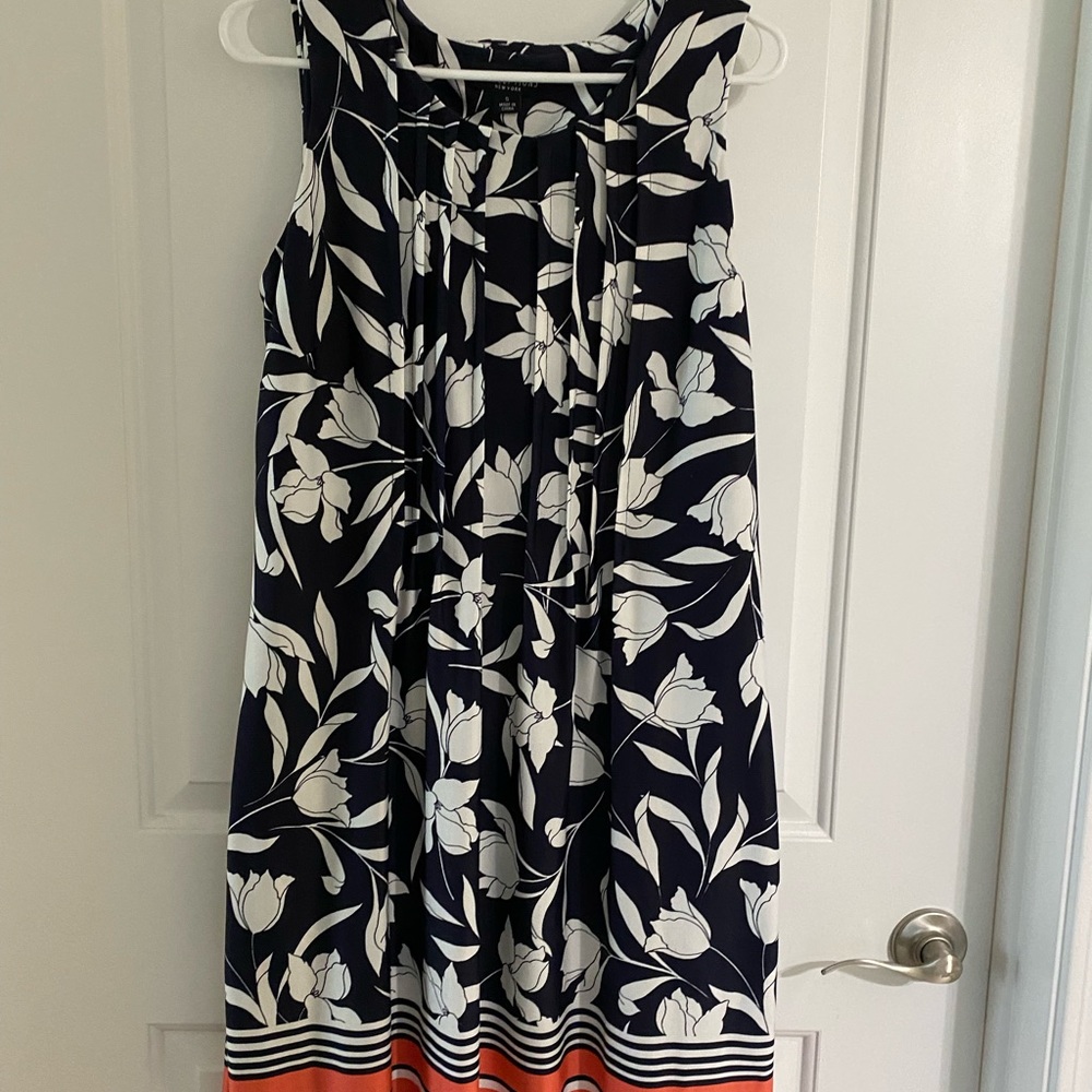 Beautiful Navy and White floral dress with peach, white, blue at bottom, size S